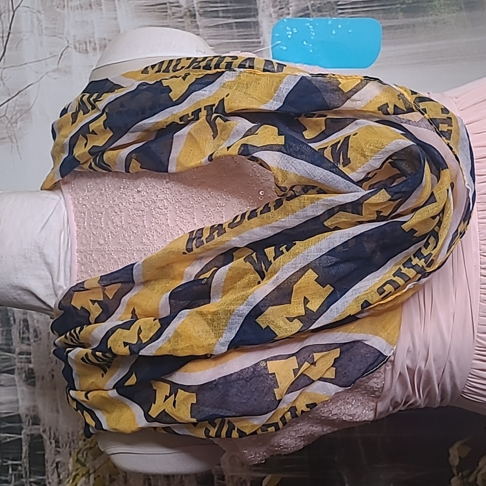 University of Michigan M logo blue gold striped womens sheer infinity scarf